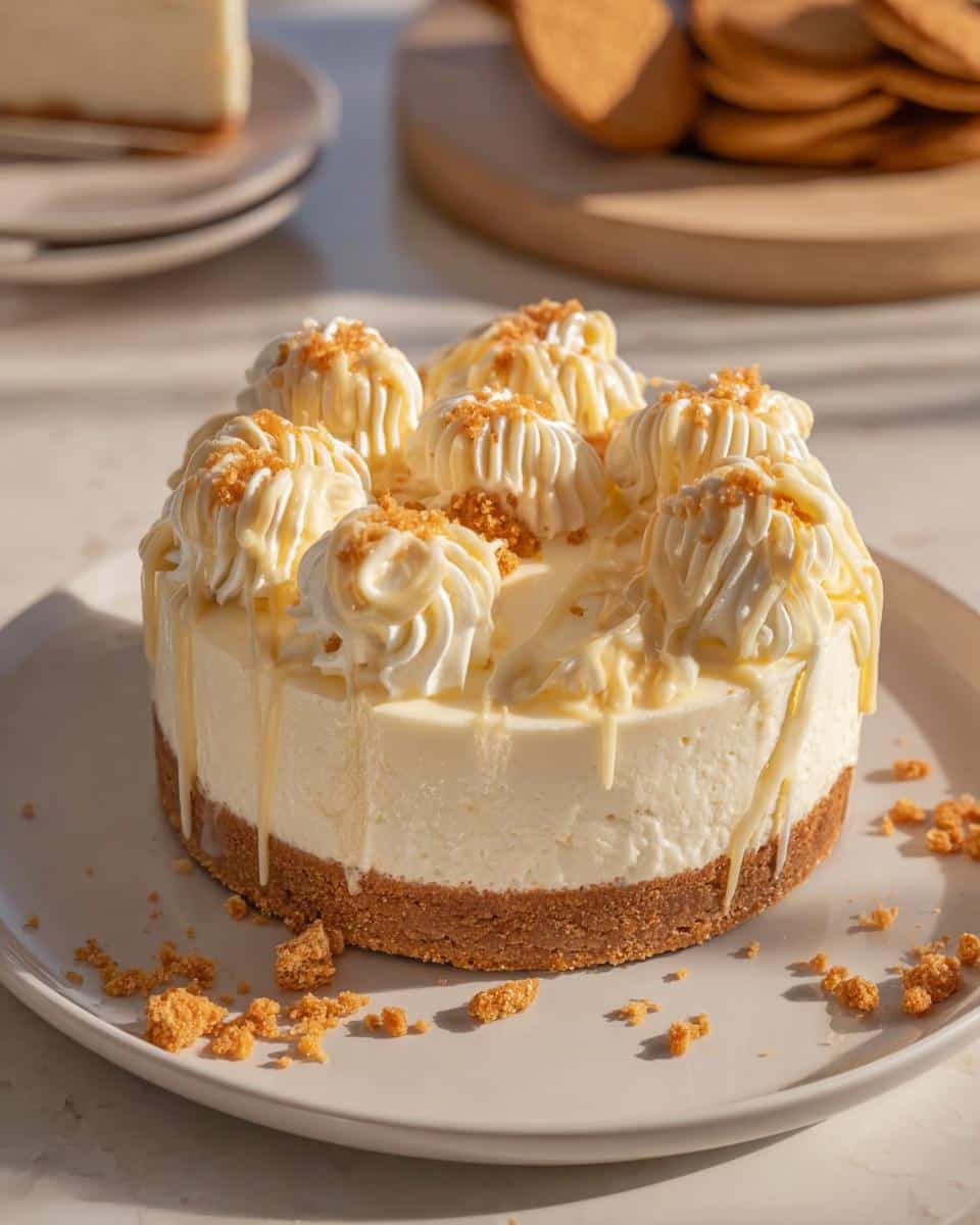 A whole Gingerbread White Chocolate Cheesecake topped with whipped cream swirls and cookie crumbs.