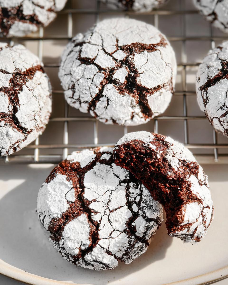 Close-up of Gluten-Free Chocolate Crinkle Cookies dusted with powdered sugar on a cooling rack.