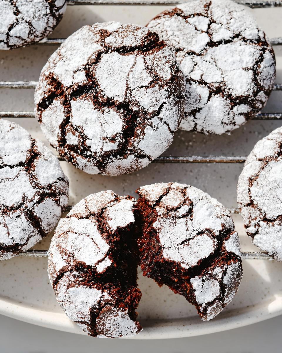 Close-up of delicious Gluten-Free Chocolate Crinkle Cookies dusted with powdered sugar, one cookie broken in half.