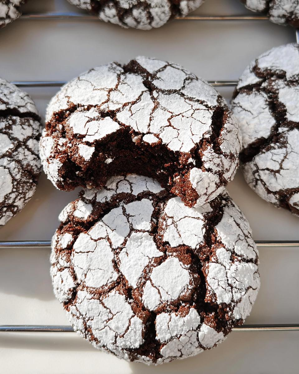 Close-up of Gluten-Free Chocolate Crinkle Cookies, dusted with powdered sugar, with one cookie broken open.