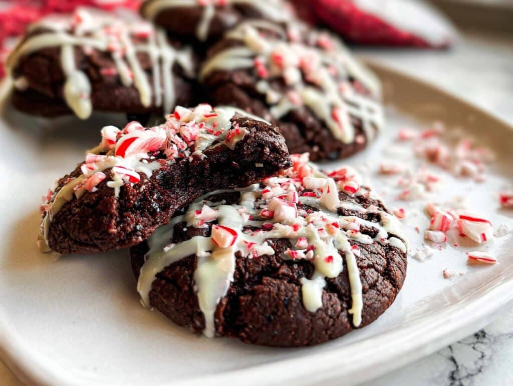 Close-up of Gluten-Free Chocolate Peppermint Cookies drizzled with white chocolate and crushed candy canes.