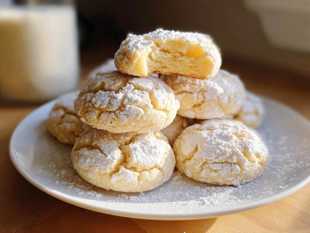 A stack of Gluten-Free Gooey Butter Cookies, dusted with powdered sugar, with one cookie broken in half to show its soft interior.