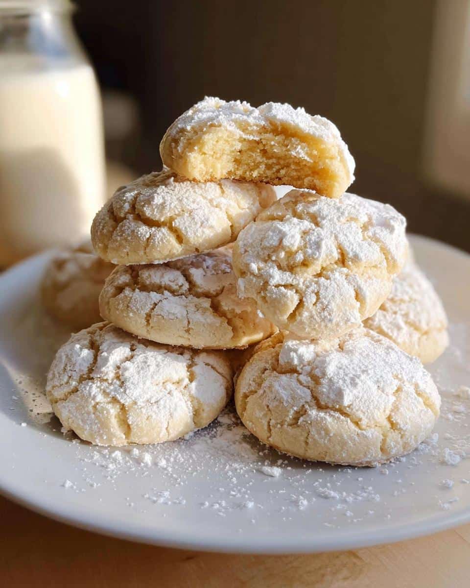 A stack of Gluten-Free Gooey Butter Cookies dusted with powdered sugar, with one cookie broken in half to show the gooey center.