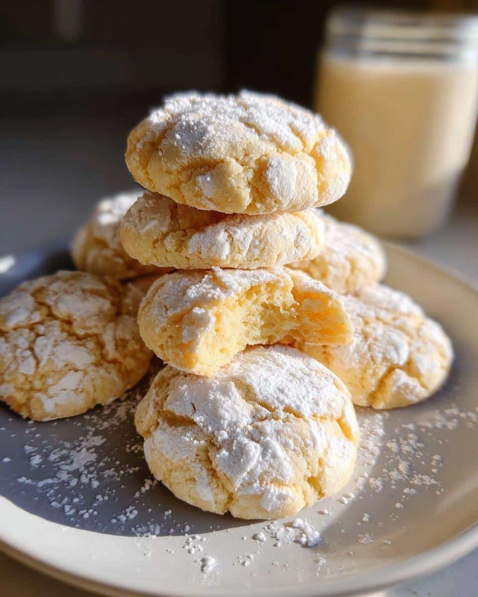 A stack of Gluten-Free Gooey Butter Cookies dusted with powdered sugar, one cookie broken to show the gooey center.