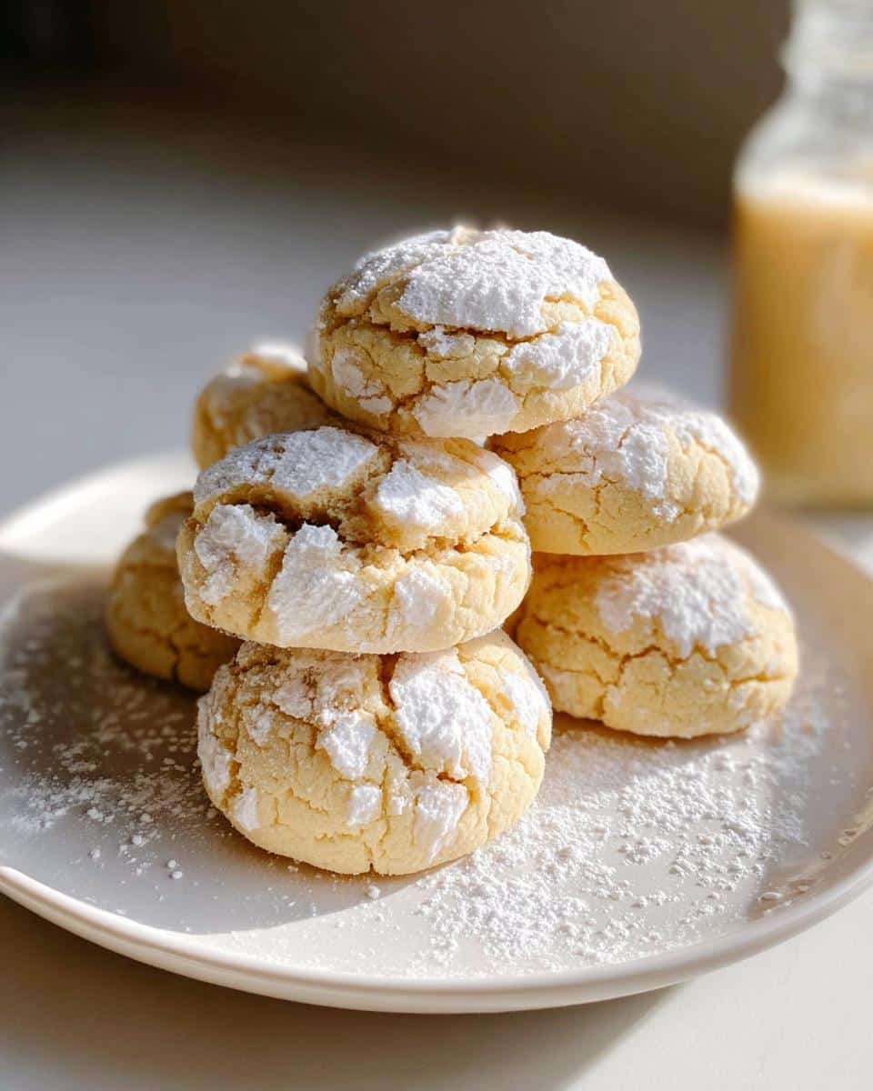 A stack of Gluten-Free Gooey Butter Cookies dusted with powdered sugar on a white plate.