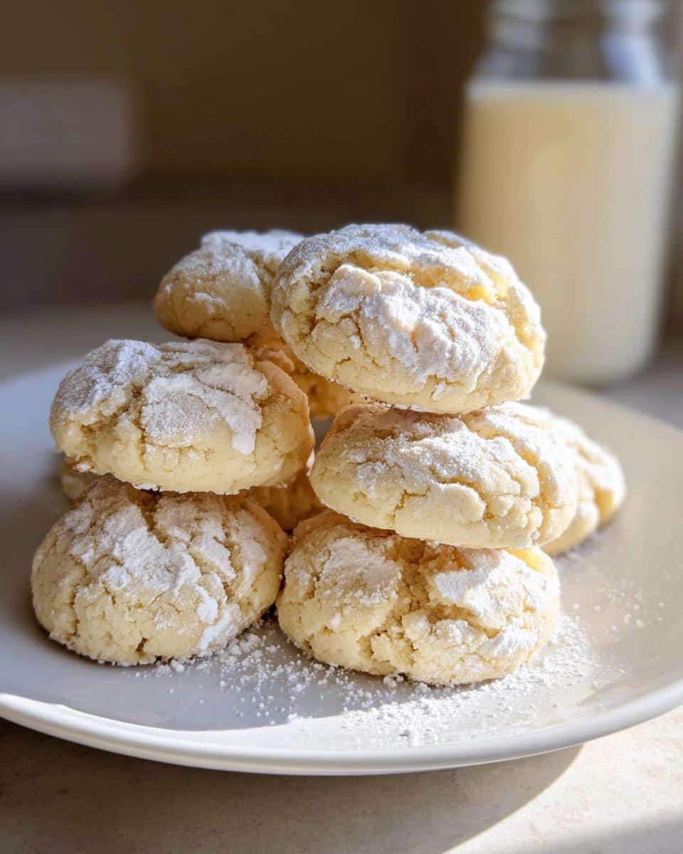 A stack of Gluten-Free Gooey Butter Cookies dusted with powdered sugar on a white plate.