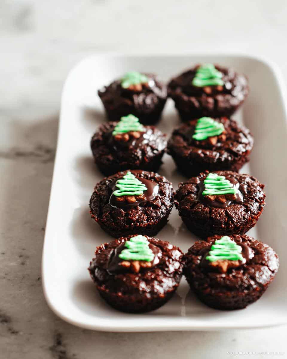 A plate of rich chocolate Gluten-Free Holiday Brownie Bites, each topped with green icing shaped like a Christmas tree.