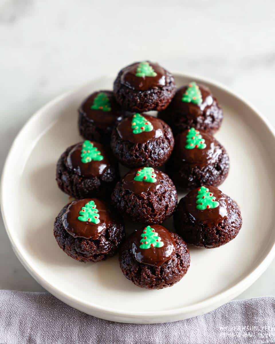 A plate of festive Gluten-Free Holiday Brownie Bites, topped with chocolate ganache and a green Christmas tree sprinkle.