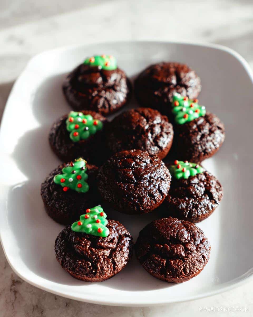 A plate of delicious Gluten-Free Holiday Brownie Bites decorated with green icing and festive sprinkles.