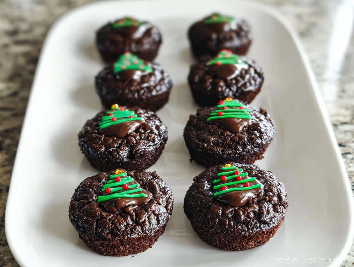 Close-up of Gluten-Free Holiday Brownie Bites decorated with green frosting Christmas trees and red and gold sprinkles.