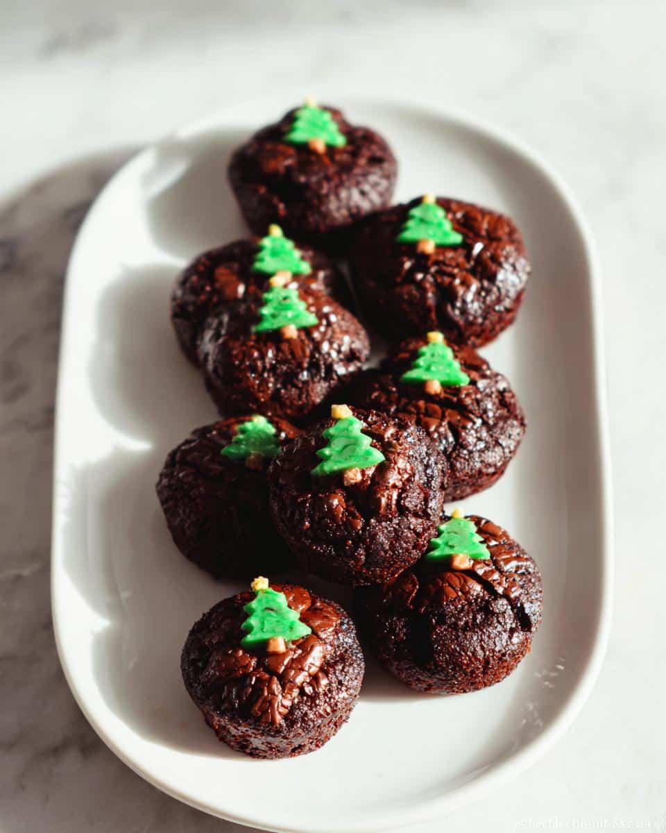 A plate of delicious Gluten-Free Holiday Brownie Bites, each topped with a festive green Christmas tree decoration.