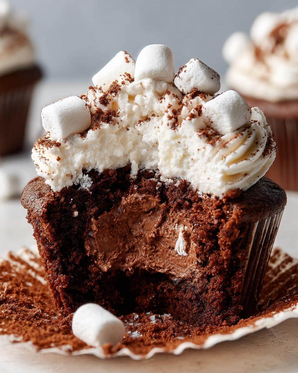 A cross-section of a decadent Gluten-Free Hot Chocolate Cupcake, revealing a rich chocolate filling and topped with fluffy frosting and mini marshmallows.