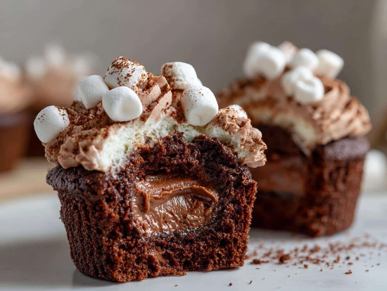A decadent Gluten-Free Hot Chocolate Cupcake, cut in half to reveal a molten chocolate center, topped with chocolate frosting and mini marshmallows.