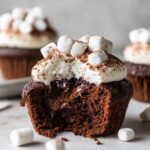A decadent Gluten-Free Hot Chocolate Cupcake, topped with whipped cream, marshmallows, and cocoa powder, with a molten chocolate center.