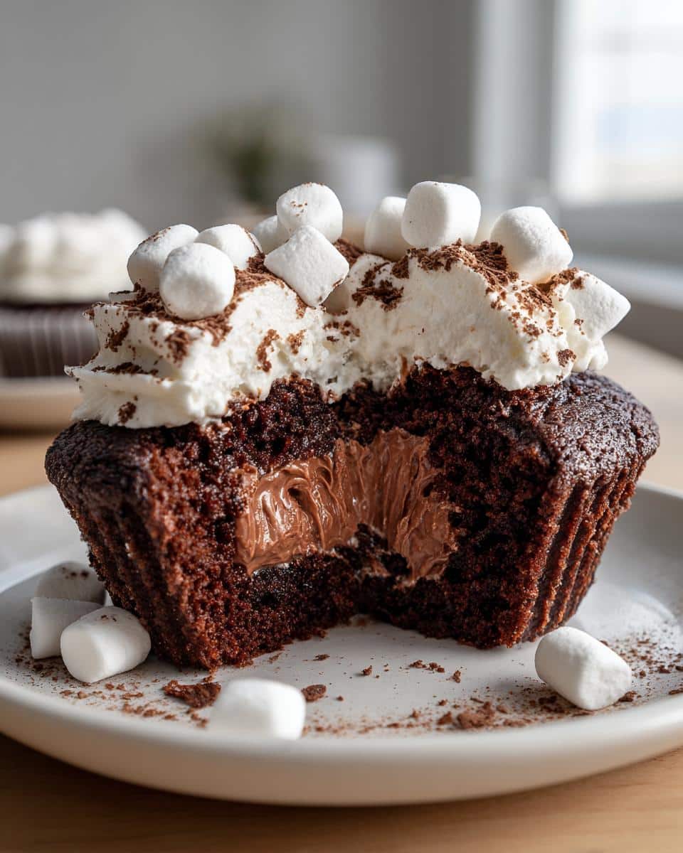 A decadent Gluten-Free Hot Chocolate Cupcake, cut in half to reveal a rich chocolate filling and topped with whipped cream, marshmallows, and cocoa powder.