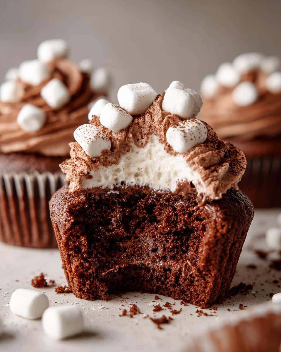 A bite taken out of a decadent Gluten-Free Hot Chocolate Cupcake topped with chocolate frosting and mini marshmallows.