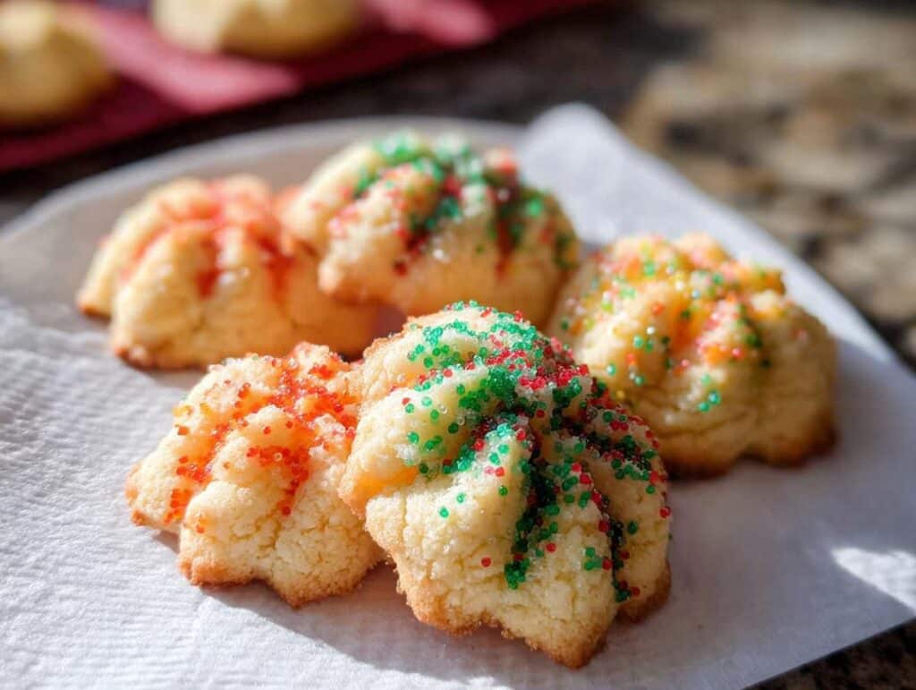 Close-up of festive Gluten-Free Spritz Cookies decorated with red, green, and orange sprinkles.
