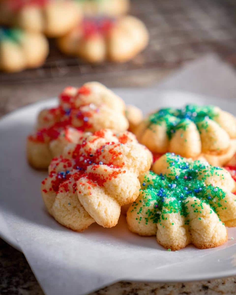 Close-up of festive Gluten-Free Spritz Cookies decorated with red and green sprinkles on a white plate.