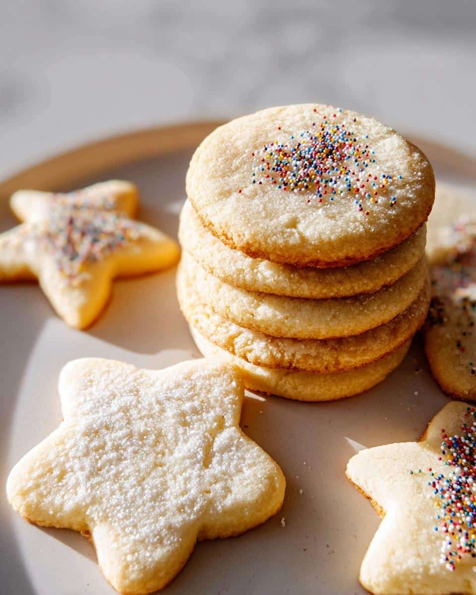 A stack of round gluten-free sugar cookie cutouts topped with colorful sprinkles, next to star-shaped cookies.