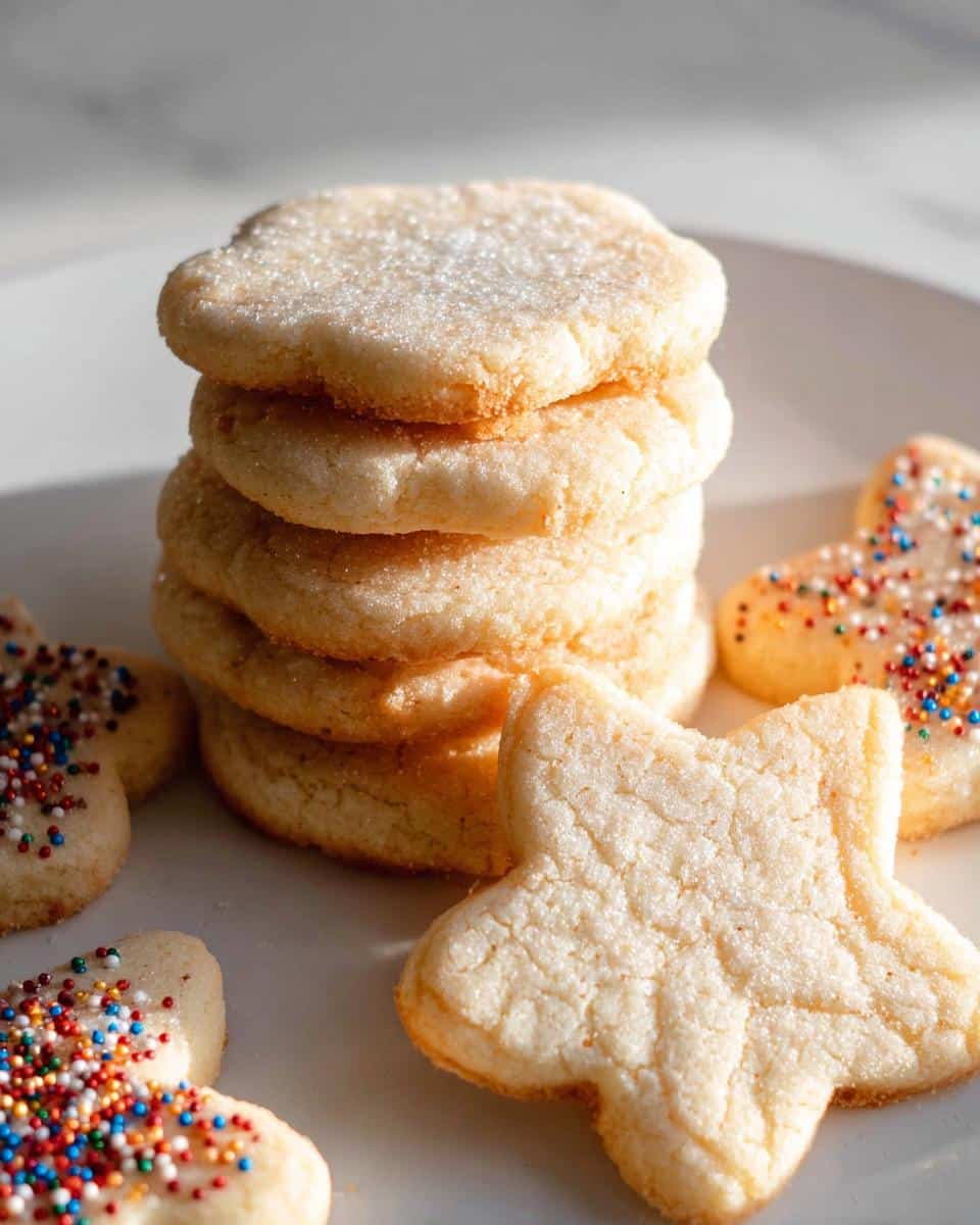 A stack of freshly baked gluten-free sugar cookie cutouts, some decorated with colorful sprinkles.