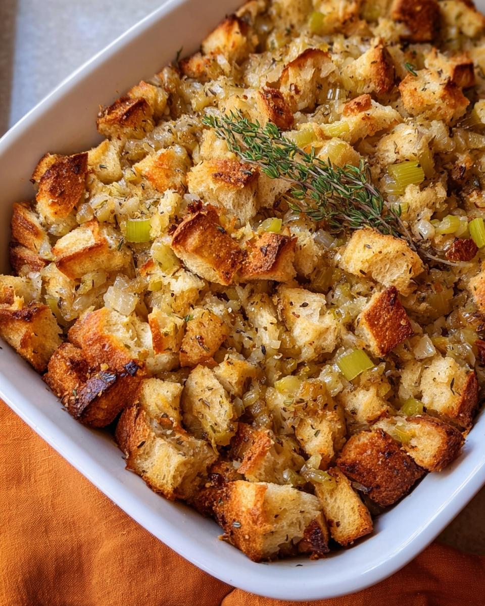 Close-up of Grandma’s Classic Turkey Stuffing, golden brown bread cubes mixed with celery and onions, garnished with thyme.