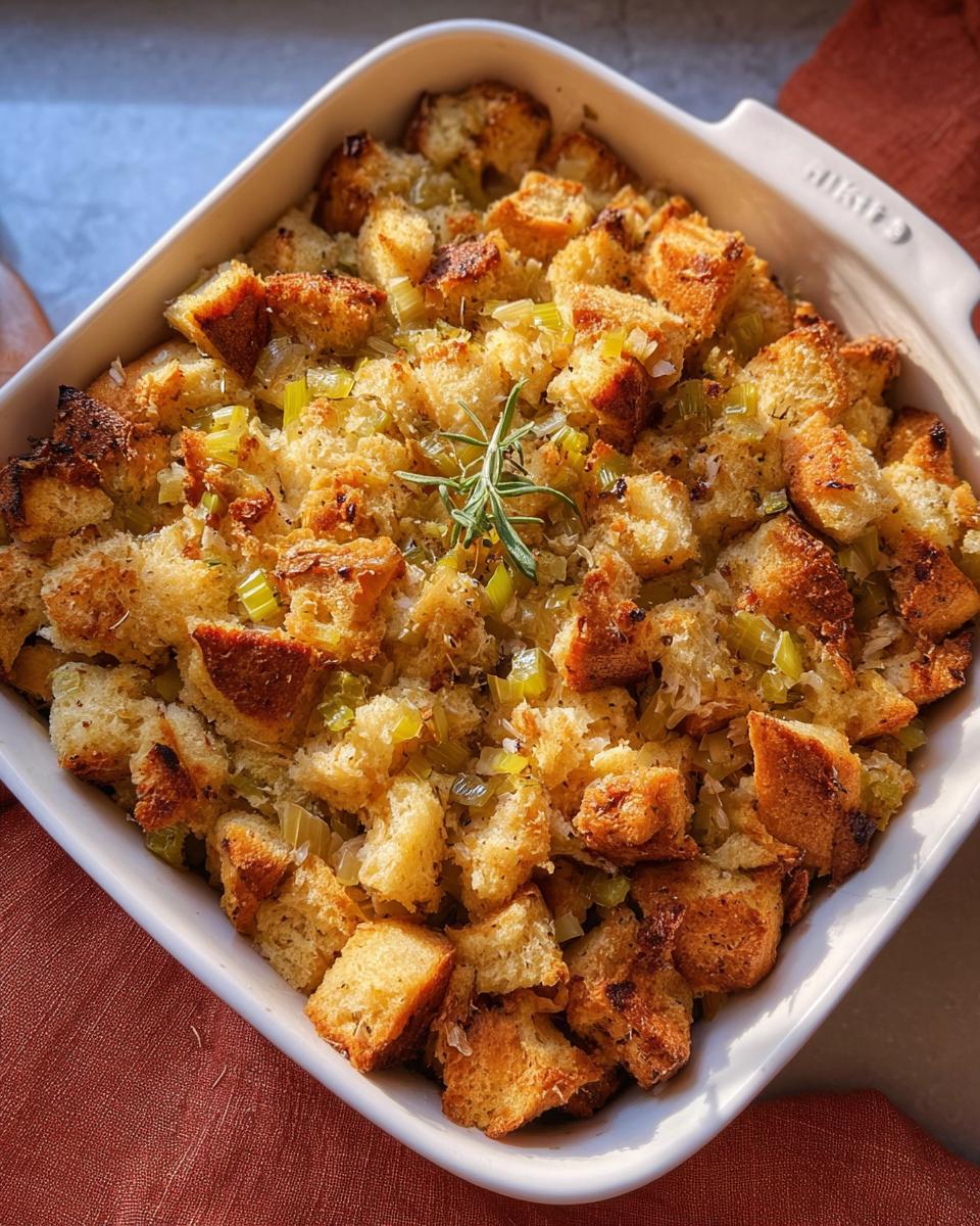 Close-up of Grandma’s Classic Turkey Stuffing baked in a white dish, featuring golden-brown bread cubes and visible celery.