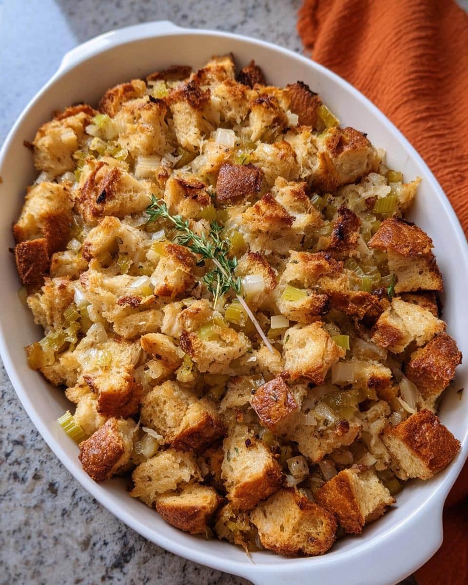 A close-up of Grandma's Classic Turkey Stuffing, golden brown bread cubes mixed with celery and onions, garnished with thyme.