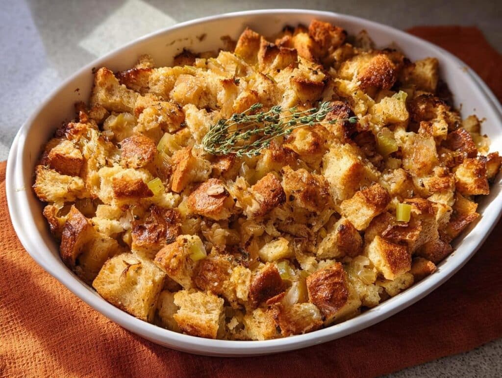 A close-up of Grandma’s Classic Turkey Stuffing in a white baking dish, garnished with fresh herbs.