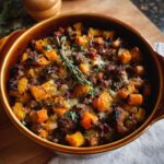 A close-up of a healthy Thanksgiving recipe: a baked butternut squash casserole with sausage and herbs in a brown dish.