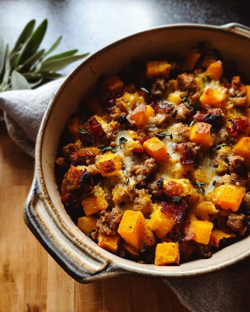 A close-up of a healthy Thanksgiving recipe casserole featuring butternut squash, sausage, and herbs in a baking dish.