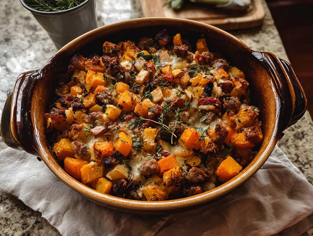 A close-up of a healthy Thanksgiving recipe casserole featuring butternut squash, sausage, and herbs.