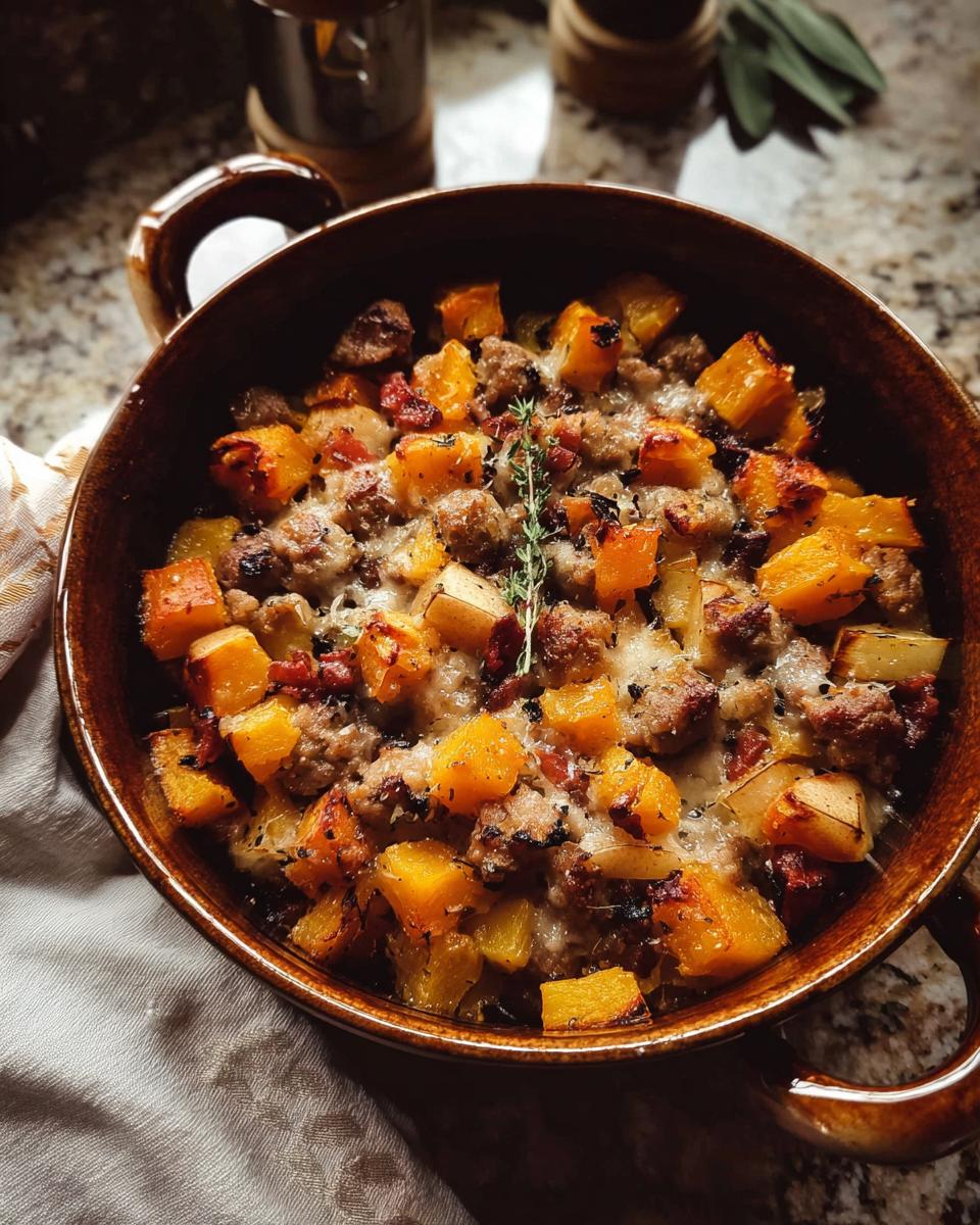 A close-up of a healthy Thanksgiving recipe featuring a butternut squash and sausage bake, topped with melted cheese and a sprig of thyme.