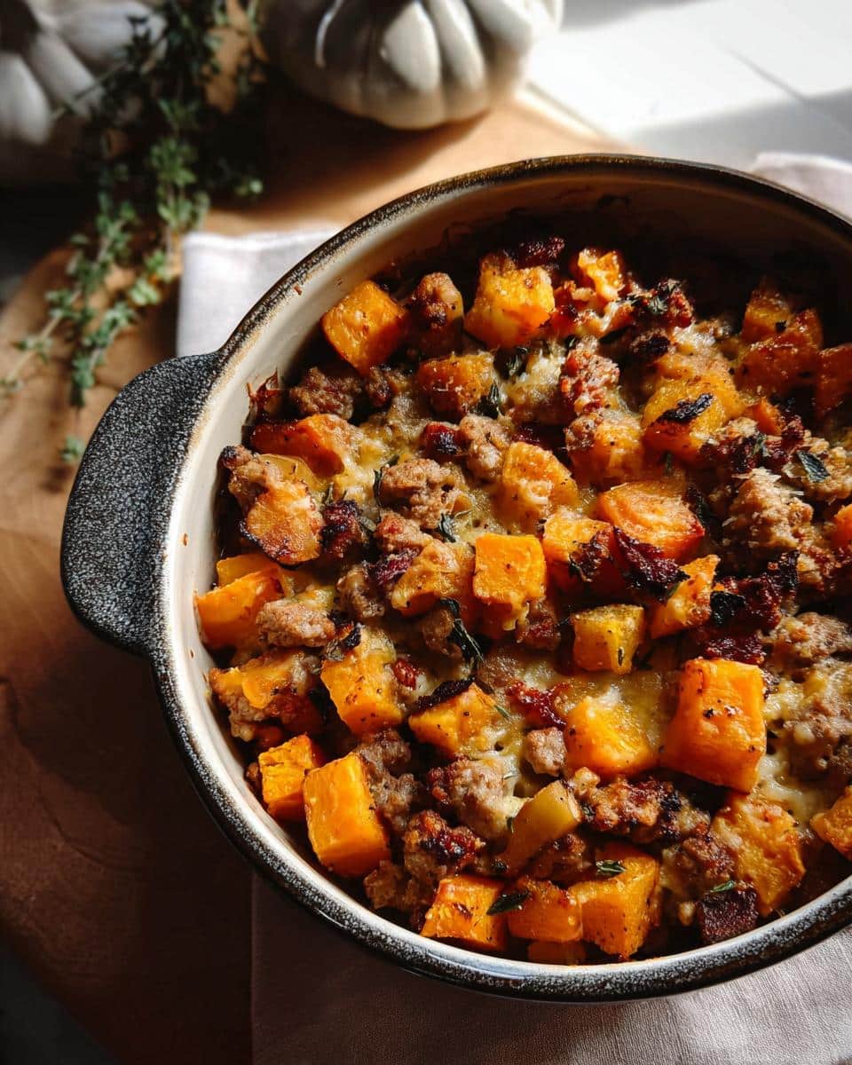 Close-up of a baked dish featuring cubes of butternut squash and crumbled sausage, a perfect Healthy Thanksgiving Recipe.