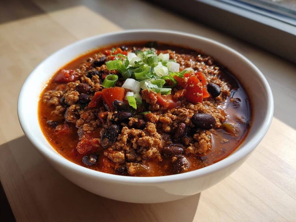 A close-up of a white bowl filled with hearty Healthy Turkey Chili in Crockpot, topped with chopped green onions and diced tomatoes.
