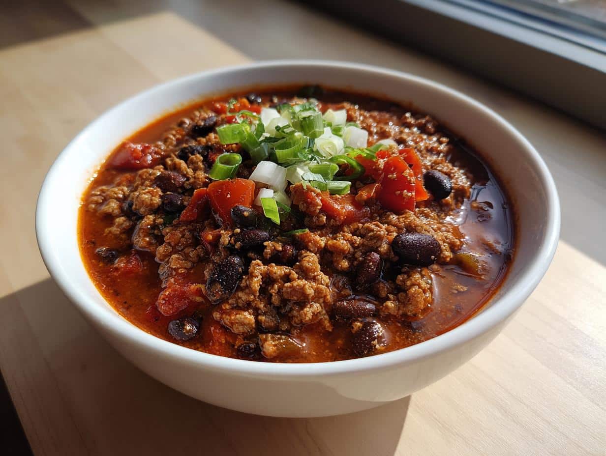 A close-up of a white bowl filled with hearty Healthy Turkey Chili in Crockpot, topped with chopped green onions and diced tomatoes.