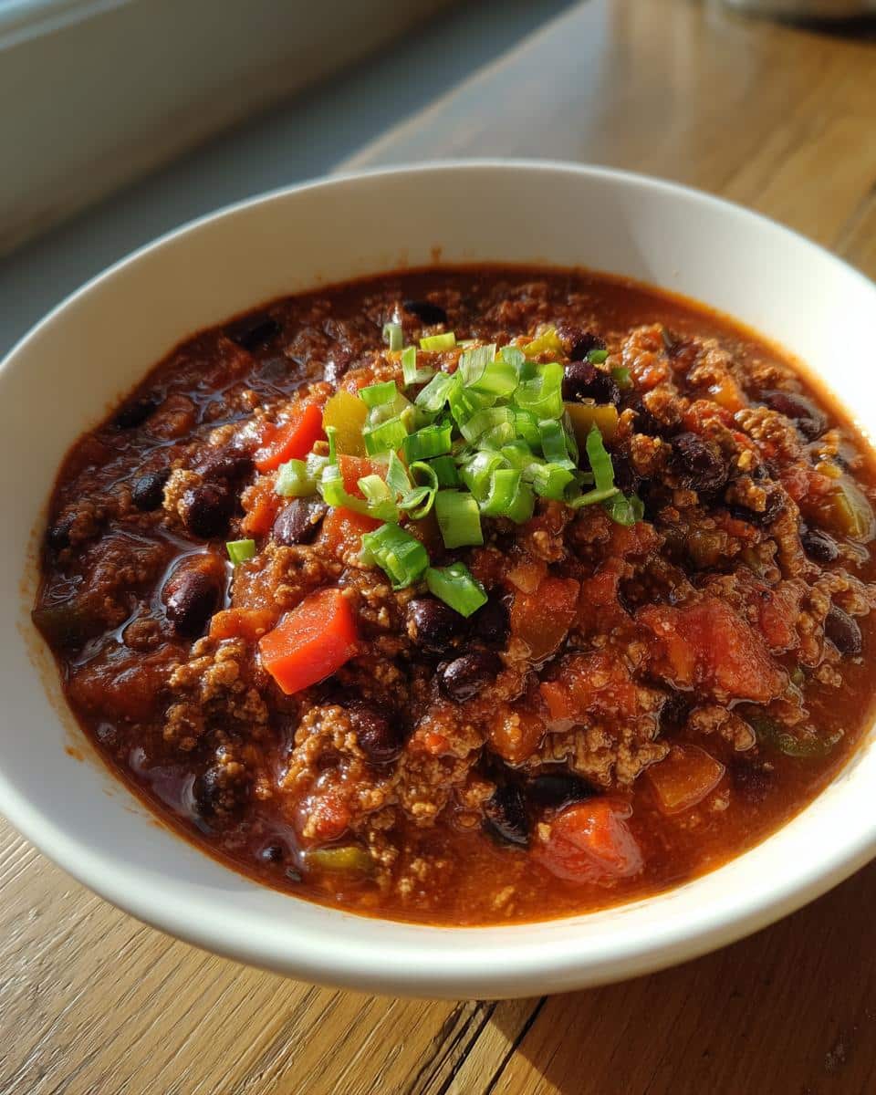 A close-up of a white bowl filled with hearty Healthy Turkey Chili in Crockpot, topped with chopped green onions.