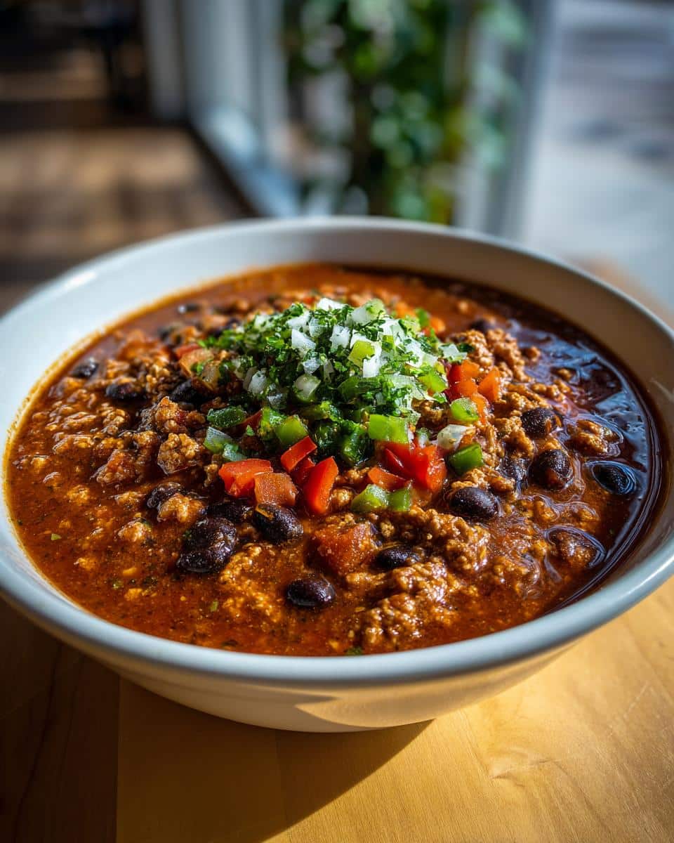 A bowl of Healthy Turkey Chili in Crockpot topped with diced onions, bell peppers, and cilantro.