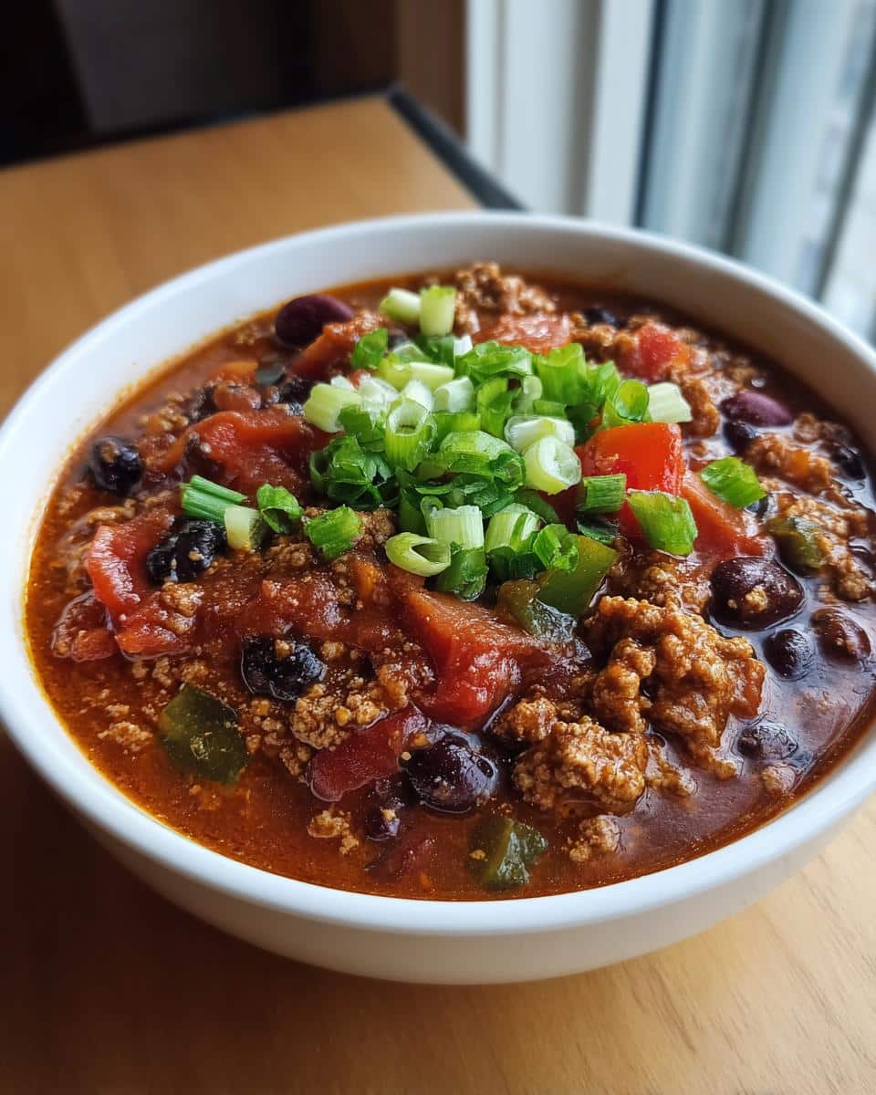 A close-up of a white bowl filled with hearty Healthy Turkey Chili in Crockpot, topped with chopped green onions and tomatoes.