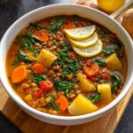 A close-up of a bowl of Hearty Vegetable Lentil Soup, garnished with lemon slices and fresh parsley.