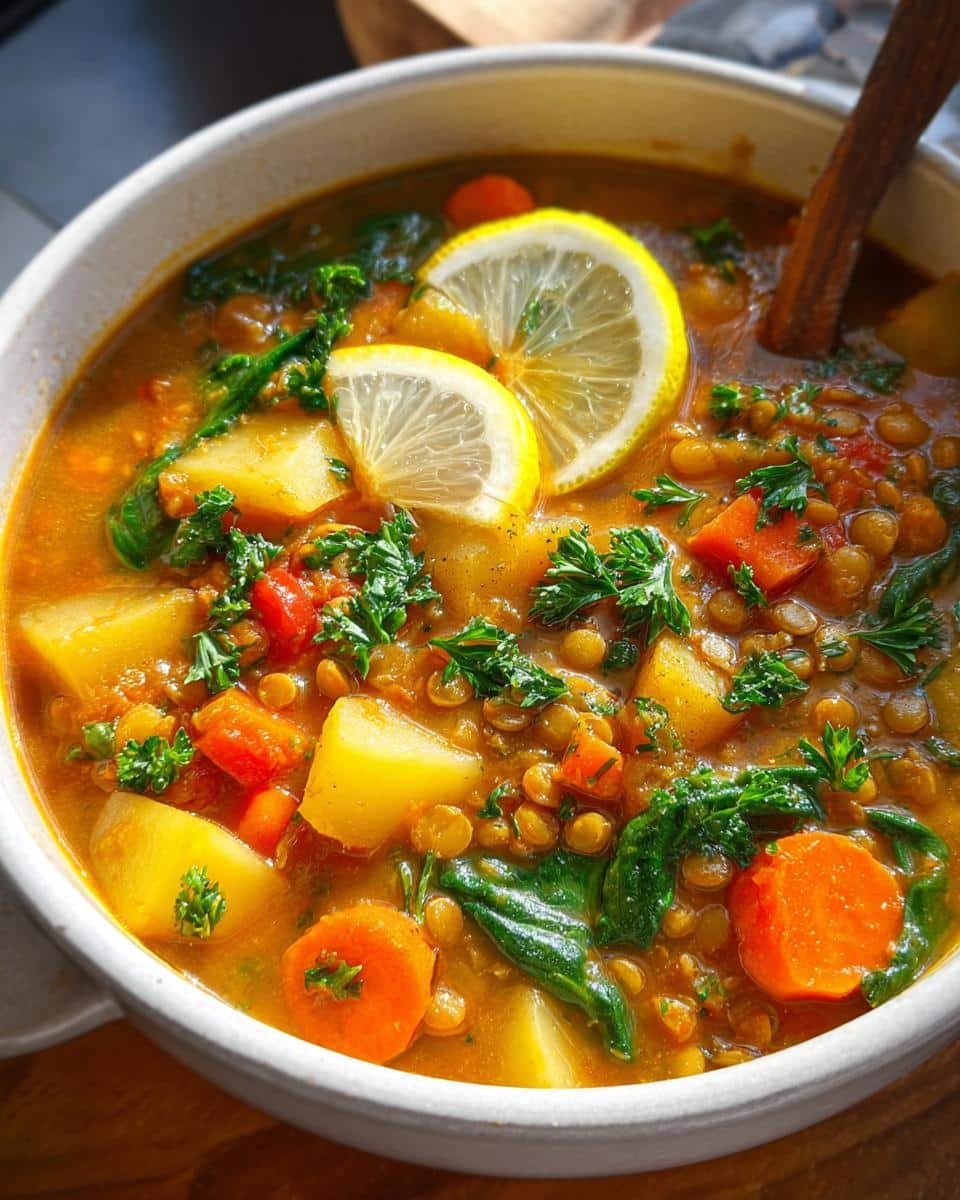 A close-up view of a bowl of hearty vegetable lentil soup, garnished with lemon slices and fresh parsley.