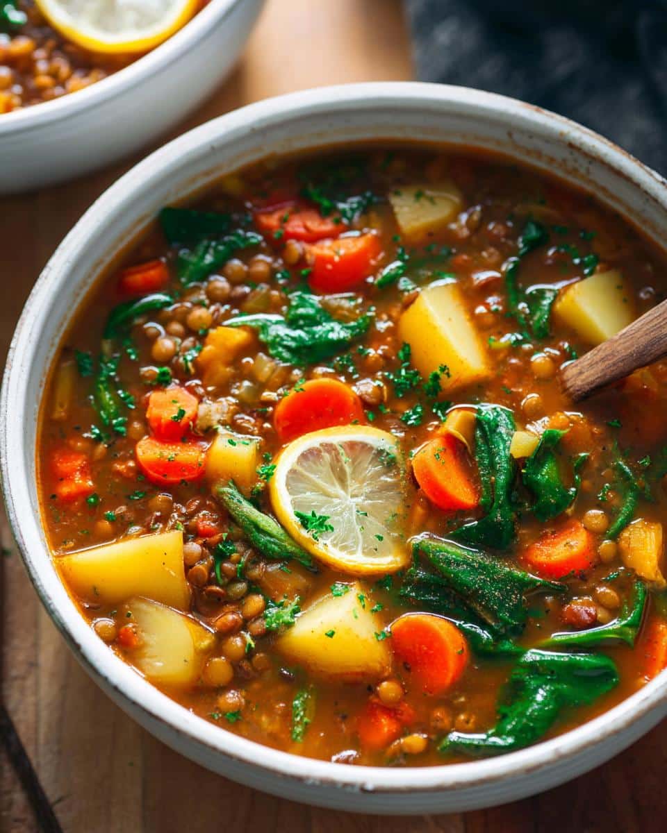 A close-up of a bowl of Hearty Vegetable Lentil Soup, filled with lentils, potatoes, carrots, spinach, and a lemon slice.