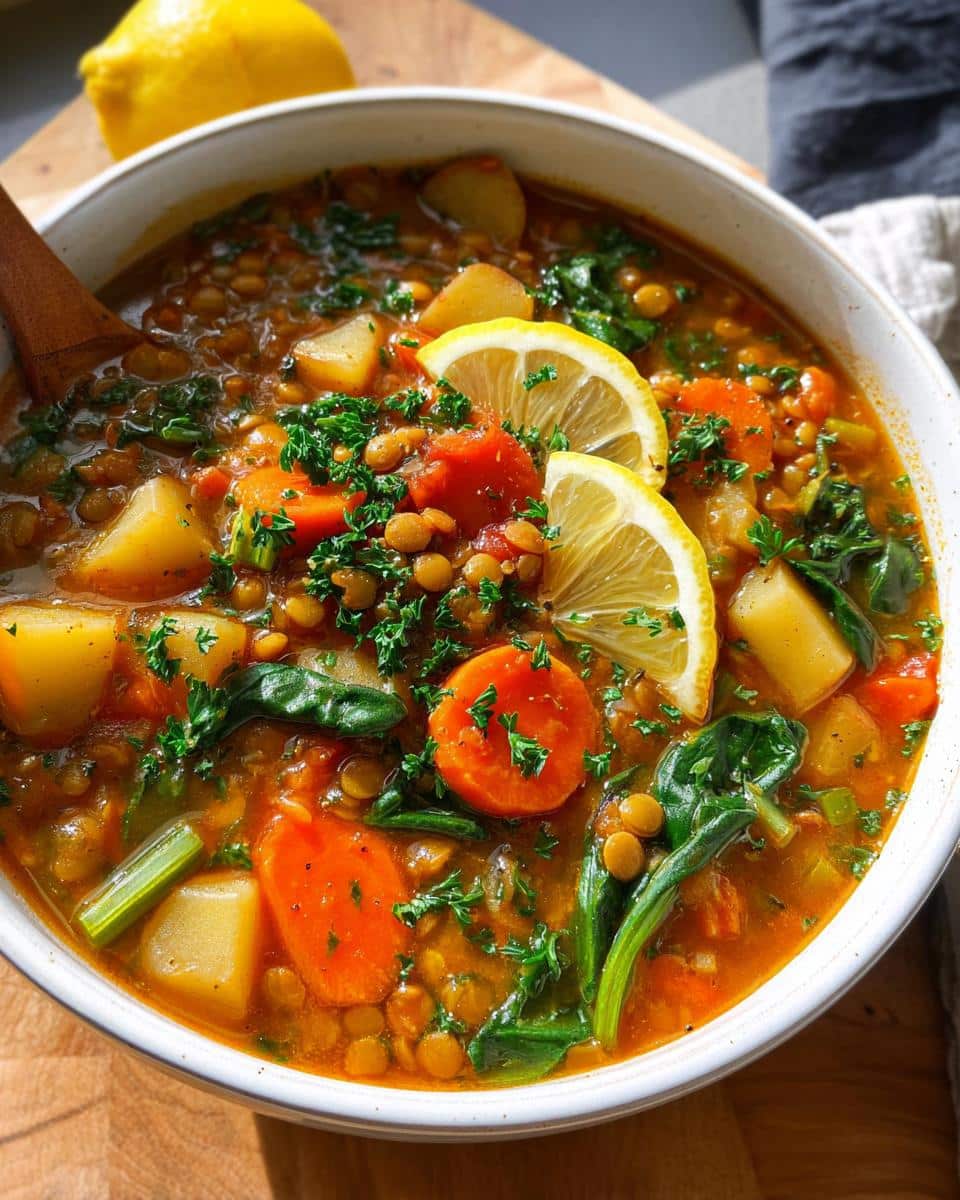 A close-up of a bowl filled with hearty vegetable lentil soup, garnished with lemon slices and parsley.