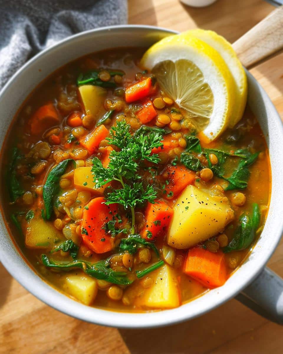 A close-up of a bowl filled with hearty vegetable lentil soup, featuring lentils, carrots, potatoes, spinach, and a lemon slice.