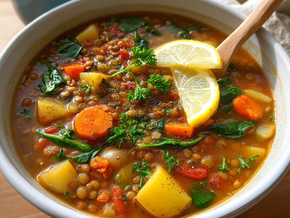 A close-up of a bowl of Hearty Vegetable Lentil Soup, featuring lentils, potatoes, carrots, spinach, and lemon slices.