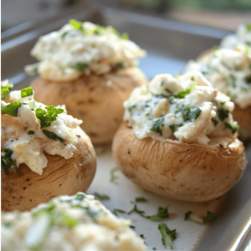 Herb and Cheese Stuffed Mushrooms filled with ricotta, mozzarella, parmesan, and herbs before baking