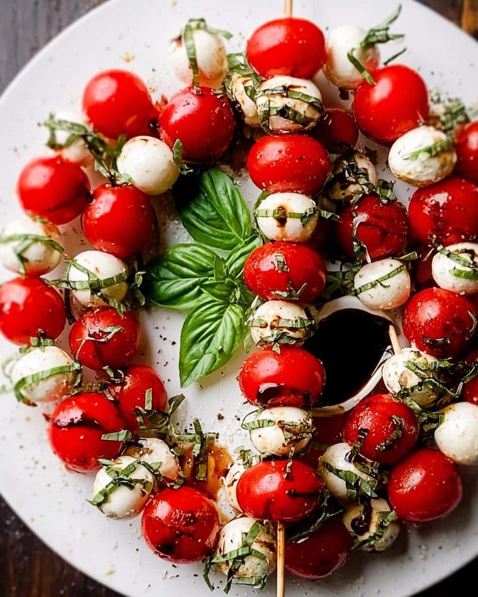 Close-up of Holiday Caprese Skewers with cherry tomatoes, mozzarella balls, basil, and balsamic glaze.