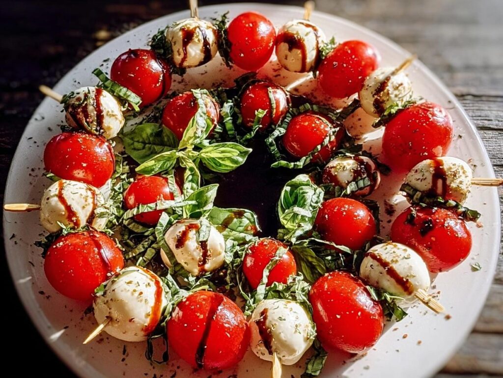 A festive platter of Holiday Caprese Skewers featuring cherry tomatoes, mozzarella balls, fresh basil, and a balsamic glaze.