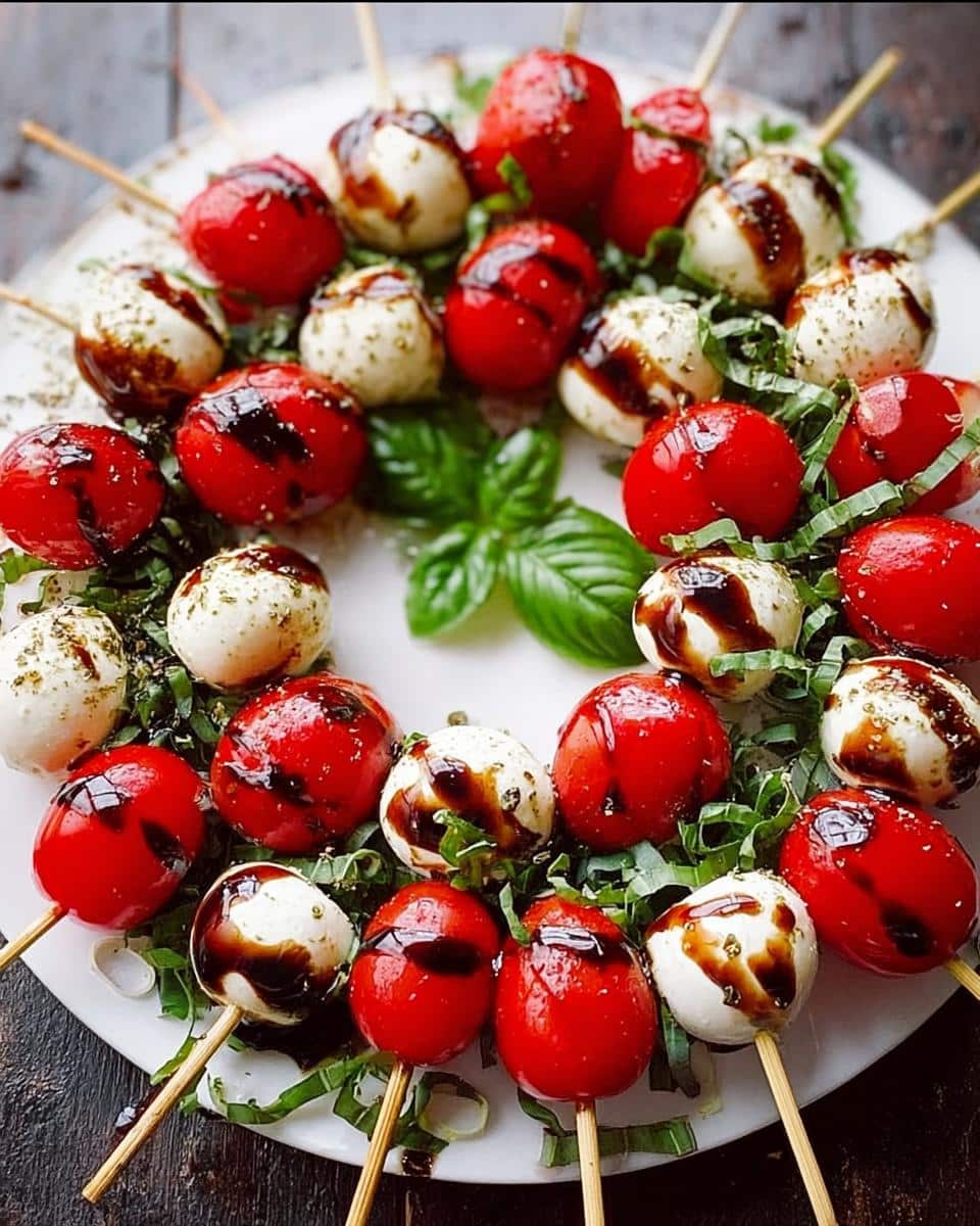 Close-up of Holiday Caprese Skewers with cherry tomatoes, mozzarella balls, basil, and balsamic glaze.
