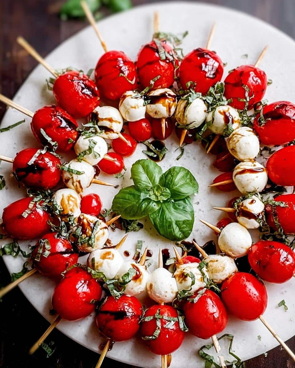 A festive arrangement of Holiday Caprese Skewers featuring cherry tomatoes, mozzarella balls, and fresh basil, drizzled with balsamic glaze.
