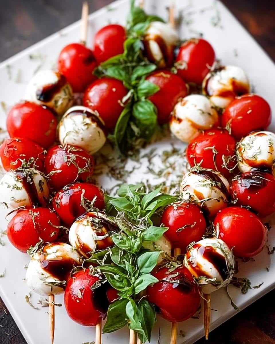Platter of Holiday Caprese Skewers featuring cherry tomatoes, mozzarella balls, fresh basil, and balsamic glaze.